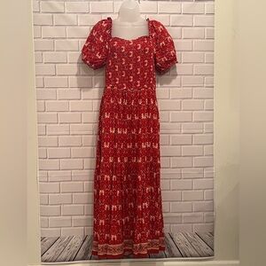 ZESICA Chic Red Floral smocked top Maxi Dress with Puff Sleeves/size L